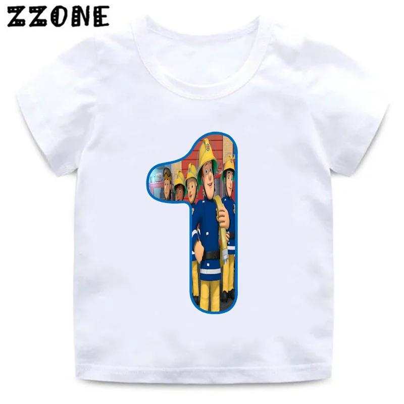 Fireman Sam Firefighter Print Cartoon Boys Clothes 1 2 3 4 5 6 7 8 9 Years Birthday Number Kids T shirt Cute Baby Girls TShirts