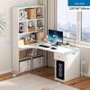 Compact Corner Computer Desk with Integrated Bookshelf & Vanity for Bedroom or Home Office