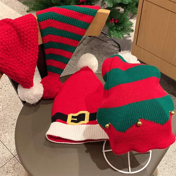 WTEMPO Adult Christmas Decorative Bell Hats Gifts Striped Warm Knitted Red Woolen Hats Elastic Windproof Cold-proof Couple Christmas Hats
