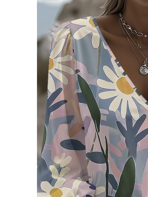 New V-neck floral print shirt, a vintage and sweet style that exudes a youthful vibe. Suitable for both daily commutes and casual outings.