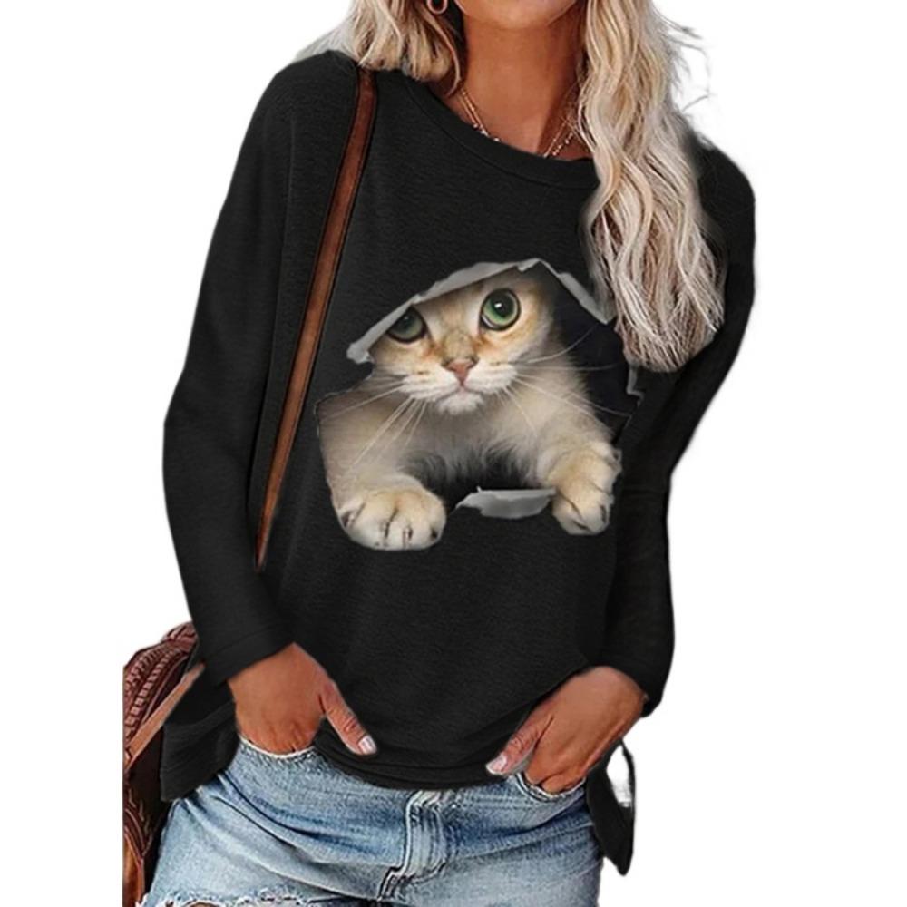 GMXIA Women's Fashion Casual Spring Autumn Kitten print Long Sleeve O-Neck Blouses & Shirts