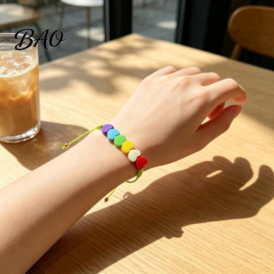 Fashionable Stackable Bracelet Colorful Hearts Bracelet, Handmade Braided Cord String Adjustable Sweet Aesthetic Hand Ornament Heart Shaped Clay Beads