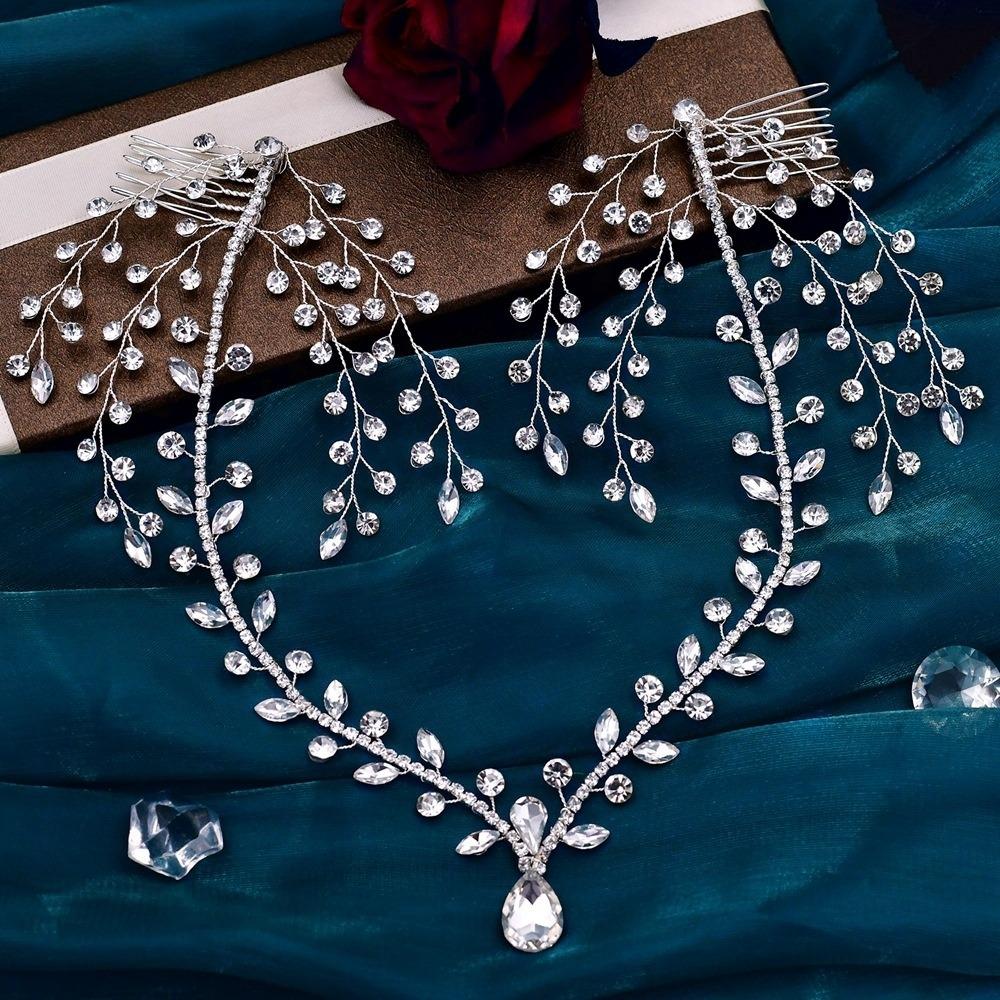 Crystal Rhinestone Frontlet Fairy Bridal Wedding Hair Ornament Forehead Headband with Combs Girls