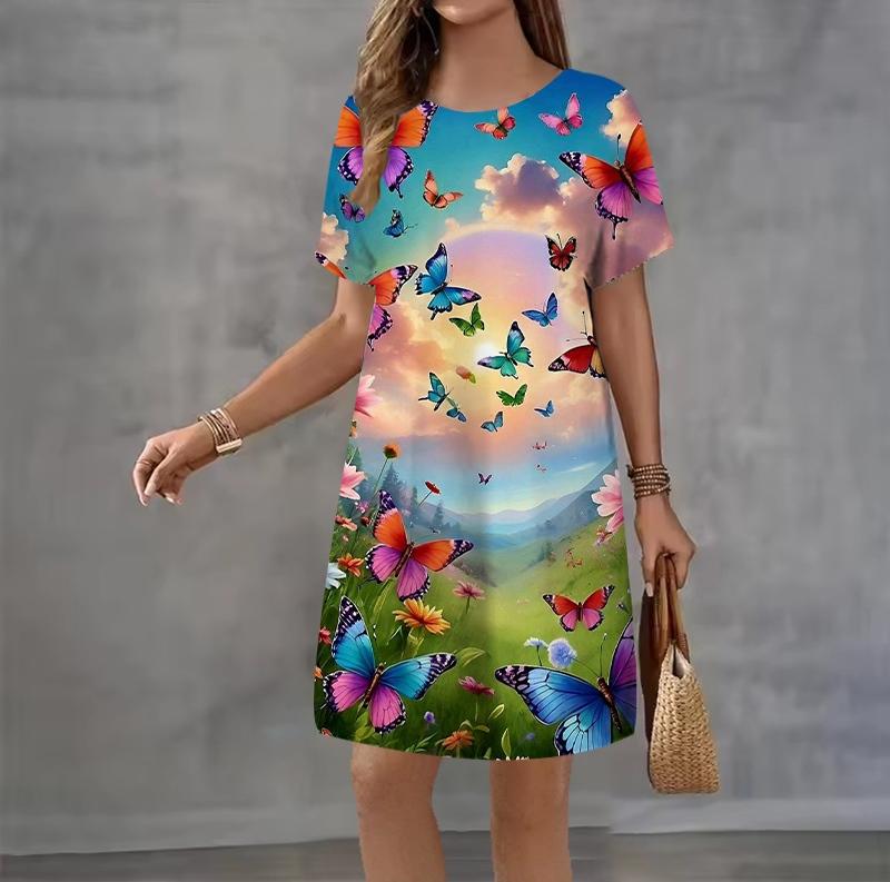 Fashion 3D Print Summer Dress Loose Casual Short Sleeve O-Neck Mini Dress