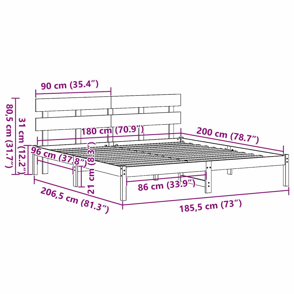 White Bed Frame with Headboard 180 x 200 cm Solid Pine Wood