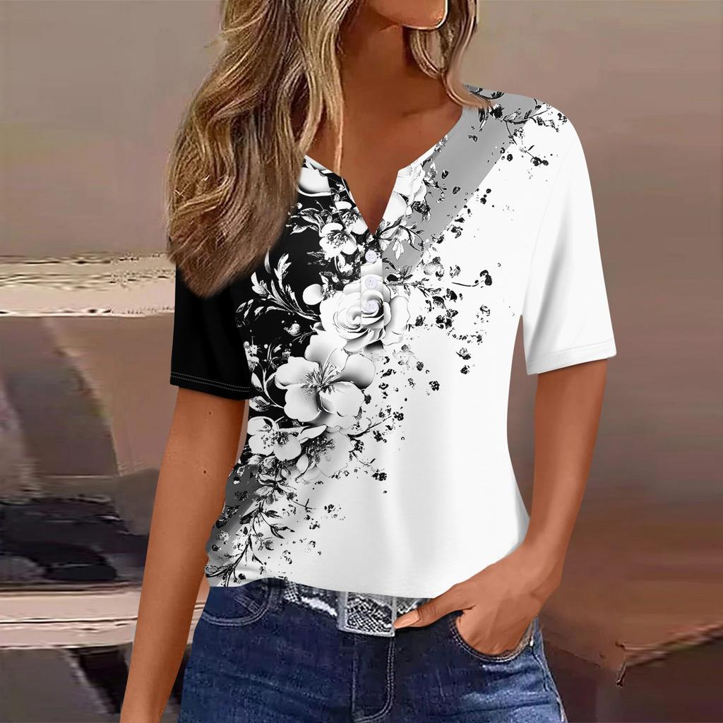 Women's T Shirt Print Button Short Sleeve Daily Weekend Fashion Basic V- Neck Regular Top