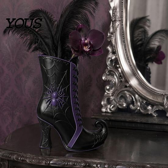 Halloween Themed Floral Display Vessel Witch Boot Vase, Gothic Spider Web Flower Black Decorative Vase with Purple Accents Table