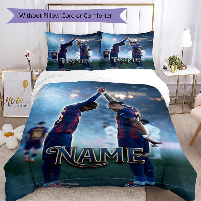 Messi Football Duo High Five Celebration Personalized Name Bedding Set,Airy Bed Linen for Sports Room Decor,Perfect Teenager Gift,Double Sided Duvet C