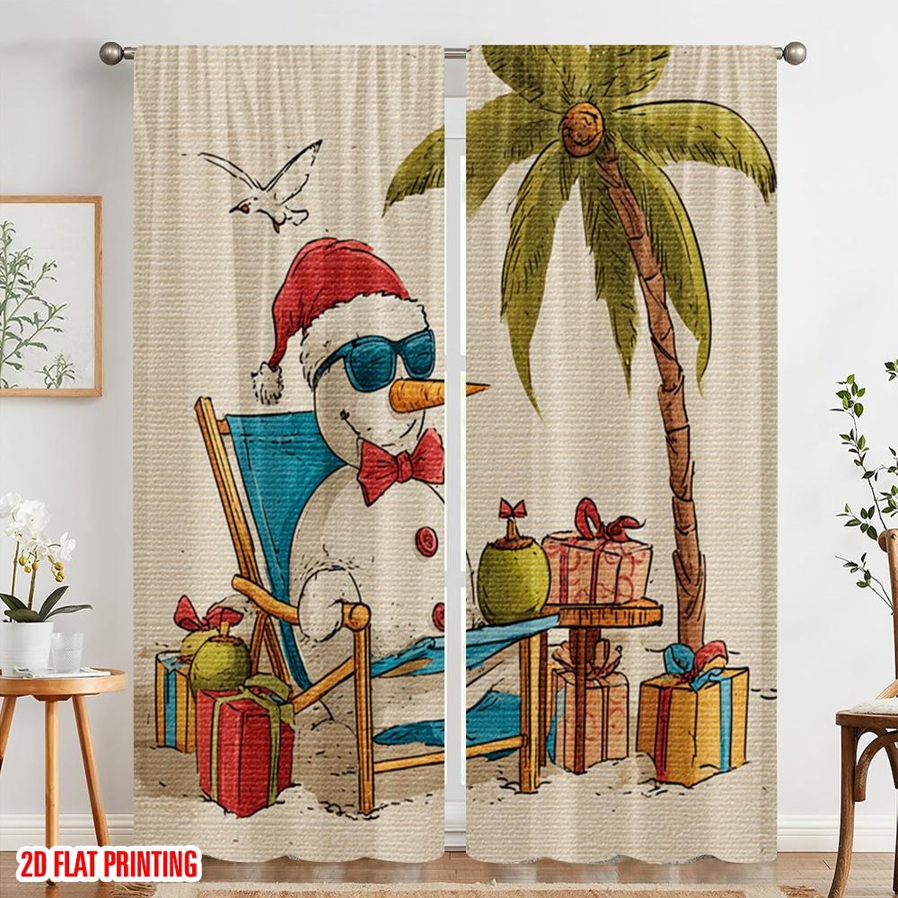 2pcs,2D Plane Printing Popular Curtain Panels Beach Chair Snowman Versatile 100% Polyester (without Rod) Decorations For Home