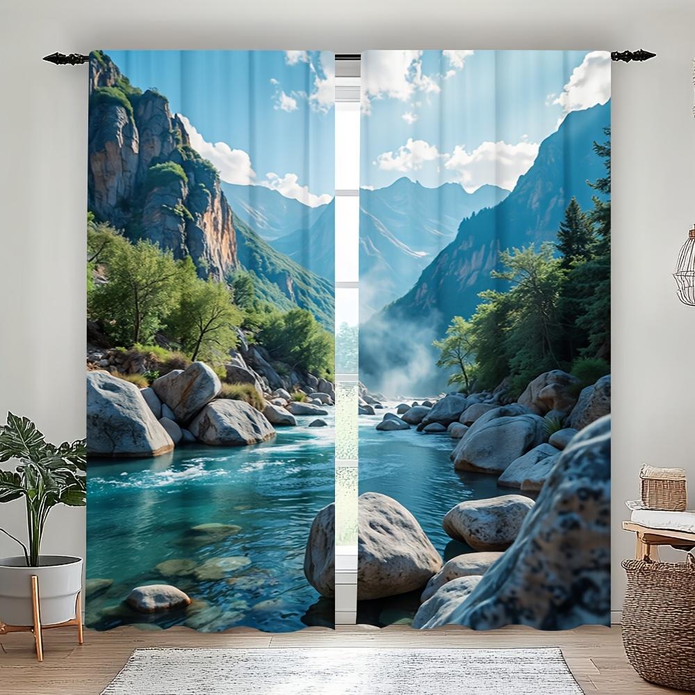 2pcs Blue Mountain Water Scenery Printed Door & Window Curtains U2013 Stylish Rod Pocket Window for Bedroom   Office   Living Room