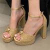 Fashion Women Party High Heels High-quality Sexy Pearl Buckle Strap Women Sandals Street Style Platform Square Toe Stripper Summer Shoes