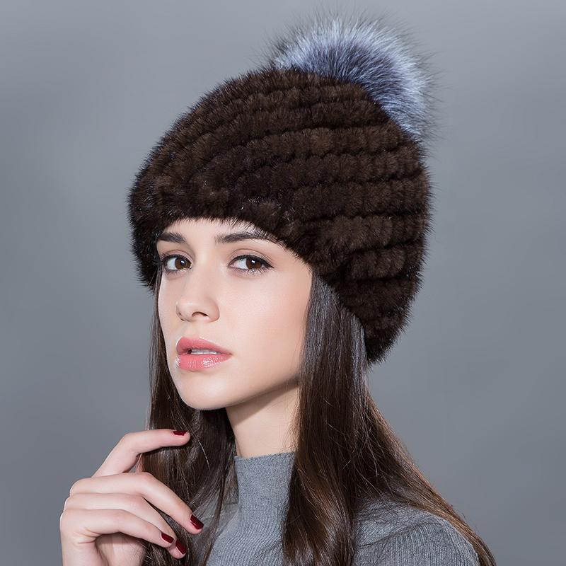 Women Winter Real Mink Fur Beanie Hat With Sliver Fox Pompom Warm Woven Knit Lined Caps Female Fashion Winter Hat