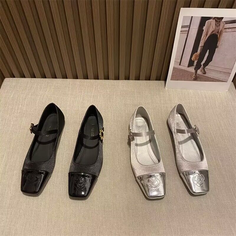 

Mary Jane women s shoes 2024 spring and autumn new one-word French retro light mouth single shoes small fragrant style color matching square head shoe 40 чорний