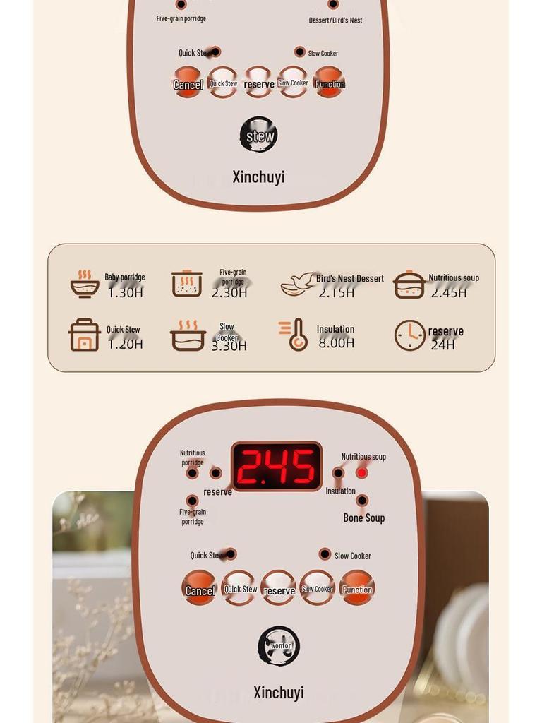 Olla de Cocción Lenta Eléctrica Multifuncional Totalmente Automática con Ollas de Cerámica Blanca y Arcilla Morada