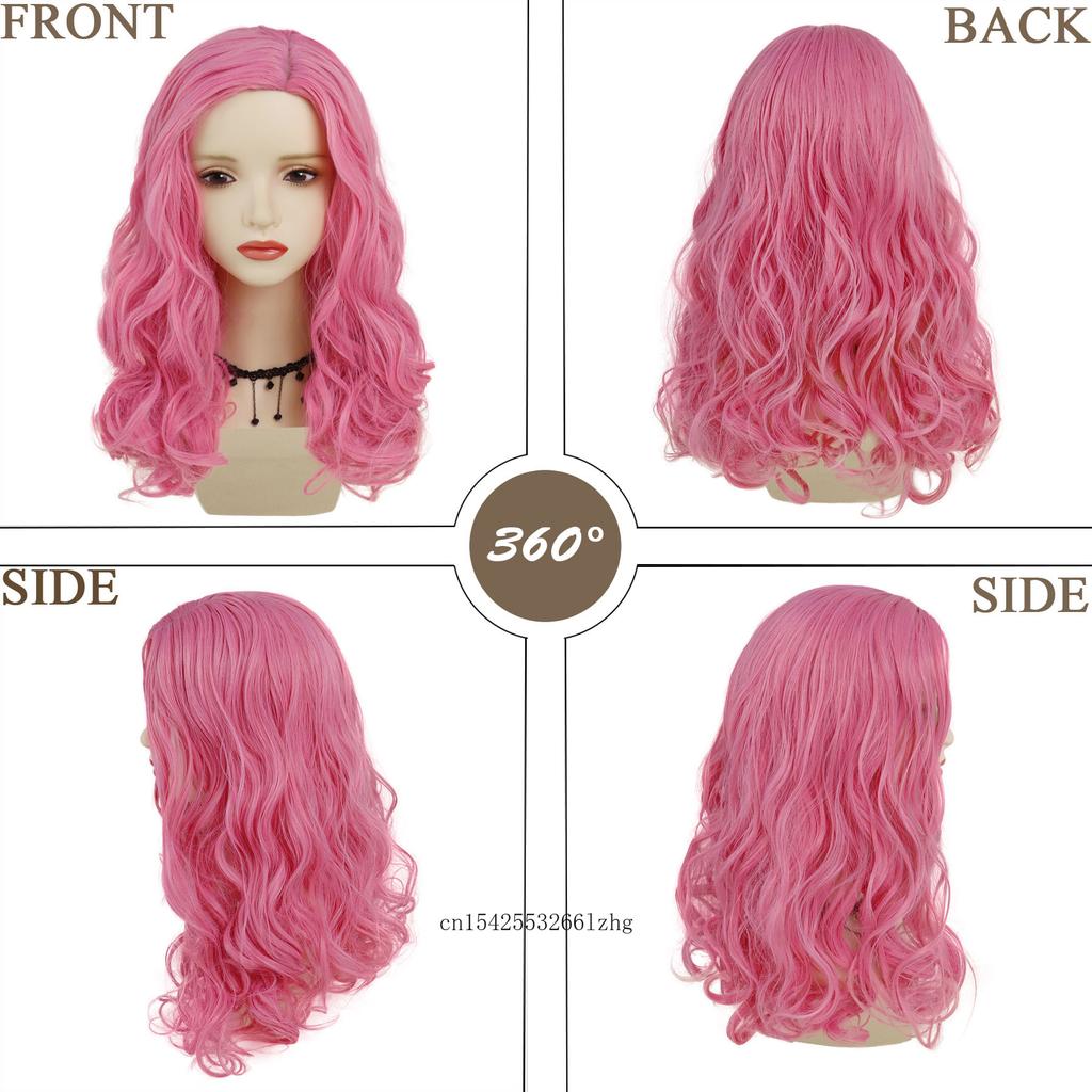 Pink Wigs for Women Synthetic Hair Long Curly Wig with Side Bangs Anime Cosplay Party Halloween Red Costume From Heat Resistant