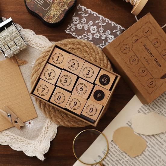 12 Pcs Vintage Wood Rubber Stamp Universe Letters Number Flowers Retro Stamp Set for DIY Art Craft Journals Scrapbooking Planner Card Making