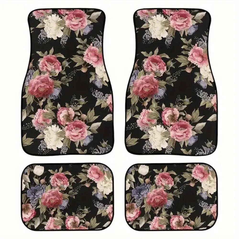 4 PCS New Bohemia Style Car Foot Pads Front Rear Botanical Prints Floor Mat Set Decorative Car Interior Rugs Automotive Supplies
