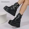 Fashion Women's Gothic Chunky Platform Ankle Boots Thick Bottom Wedges PU Leather Shoes Woman Rivet Buckle Decor Black Punk Boots 35 43