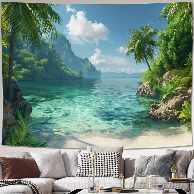 

2D Tropical Island Cove Tapestry, Crystal Clear Water & Green Limestone Mountains Background Cloth 47.2x31.5inch/120*80cm