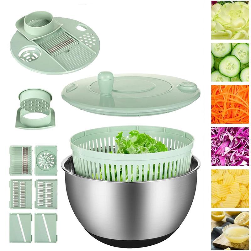 Stainless Steel Salad Spinner with Slicer Set 5 Qt Large Rotation Vegetable Washer Includes 5 Chopping Blades Slicer Drain Bowl