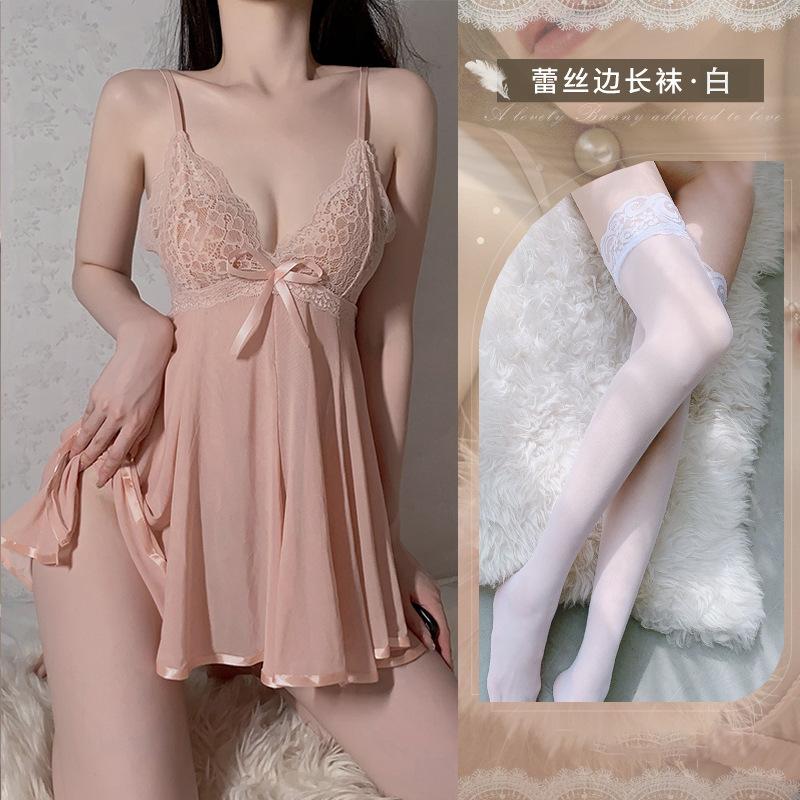 Sweet hair sexy underwear sexy suspender backless nightdress women's hot lace transparent pajamas perspective set