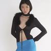 2022 Women Feather Fur Mesh Lace Up Backless Long Sleeve Cut Out Shirt Slim Sexy Party Club Streetwear Summer Y2K Crop Top