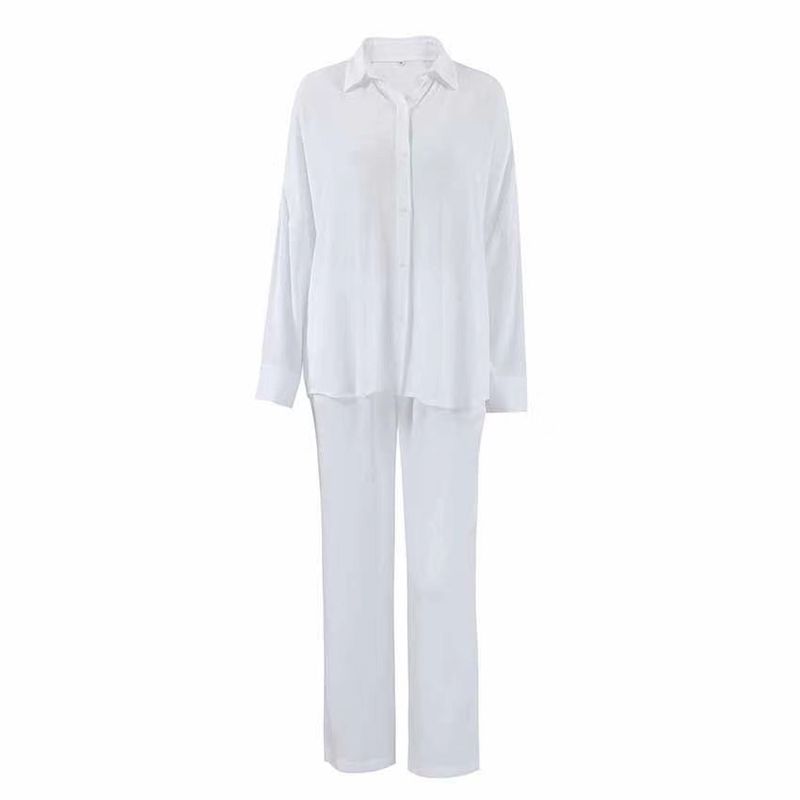 Fashion Style New Arrival Loose Long Sleeves Shirt Pants Pure Color Suit Homewear Shirt Long Pants Set