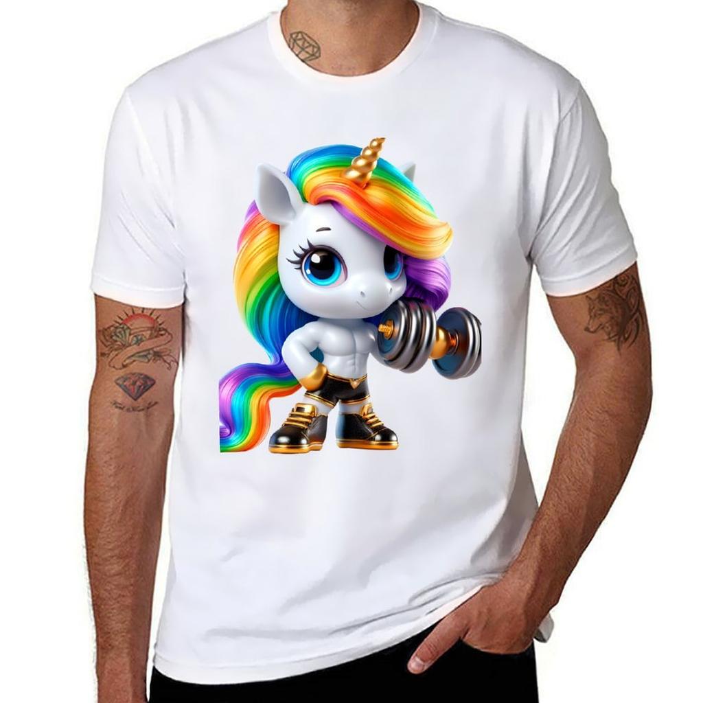 Cute Strong or Muscular Rainbow Unicorn with dumbbell in hand No TShirt Soft Casual Short Sleeve Cotton Tee TShirt
