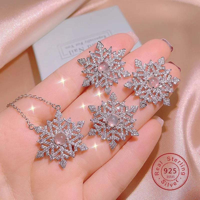 3er-Pack Trendiges Schneeflocken-Kristall Sterling-Silber Set für Hochzeit Ohrring Ring Halskette Anhänger Damen Geschenke Verpackung