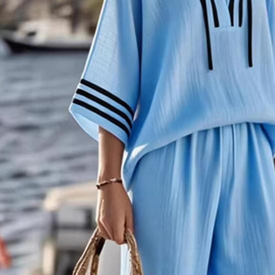 Damer Sommar Bomull Linne 2-delade Outfits Casual 3/4 Ärm Pullover Topp Och Vida Byxor Set Löst Huva Loungeset