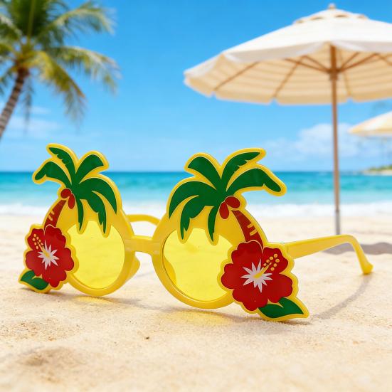 Hawaiian Sunglasses for Party, Summer Beach Glasses with Palm Tree & Hibiscus Flower, Funny Costume Prop Shades for Vacation Photo Booth Decor