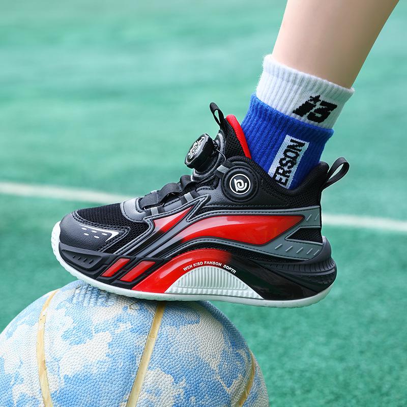 Foreign Trade Four-season Children's Basketball Shoes Medium and Old Children's Rotating Buckle Breathable Mesh Surface Non-slip and Wear-resistant Ac
