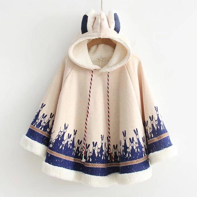Women Girls Cloak Coat Winter Fleece Cute Rabbit Ears Hooded Printed Loose Poncho