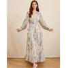 Elegant Print Chiffon Long Dress Women V Neck Lantern Sleeve Pleated High Waist Ruffle Hem Flowy Floor Length Maxi Dress