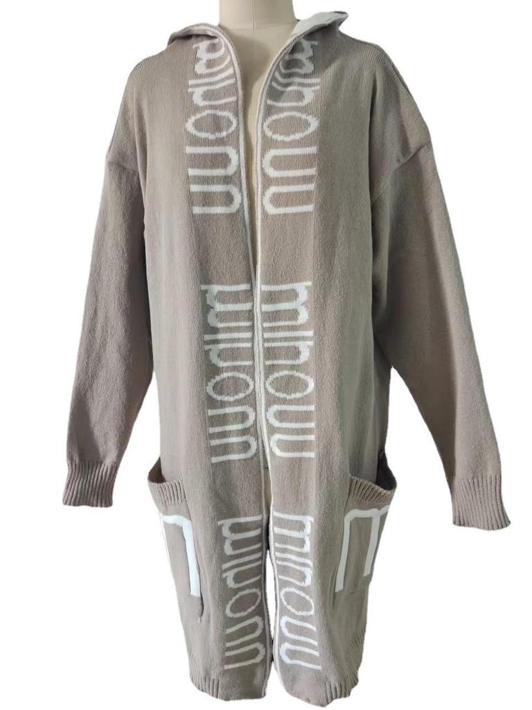2025 Autumn/Winter Women's Hooded Letter Knit Cardigan Sweater - European & American Cross-Border Style