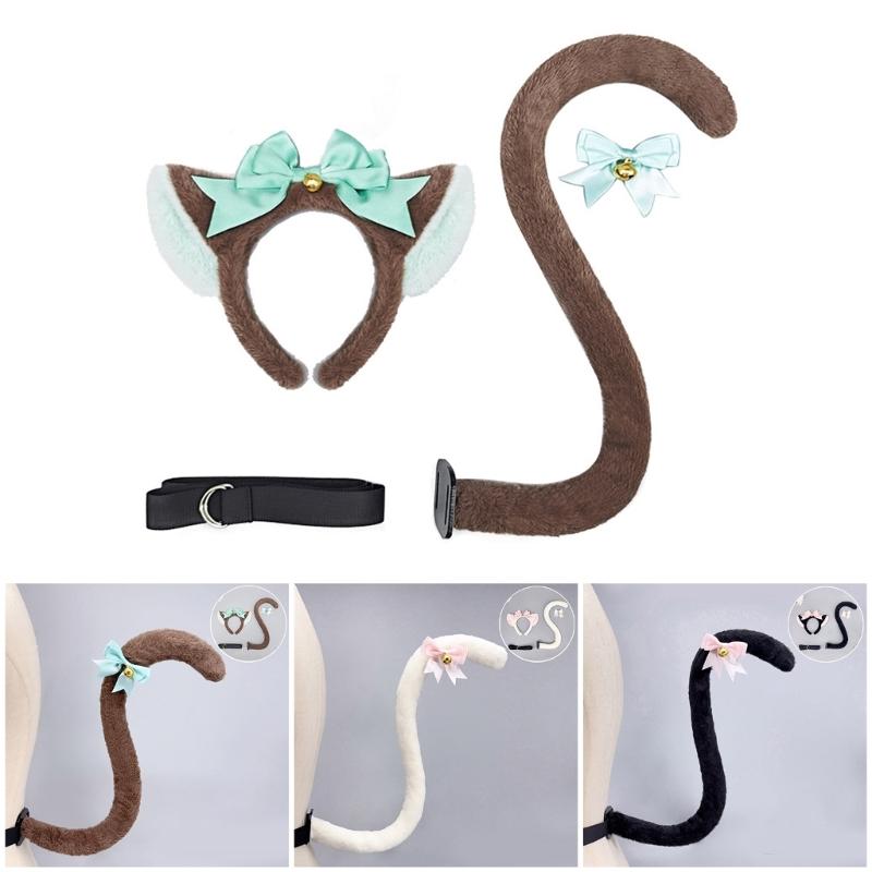 Kitten Cosplay Costume Animal Ear Headband Bowknot Tail for Women Girl Halloween Role Play Animal Outfit Accessories