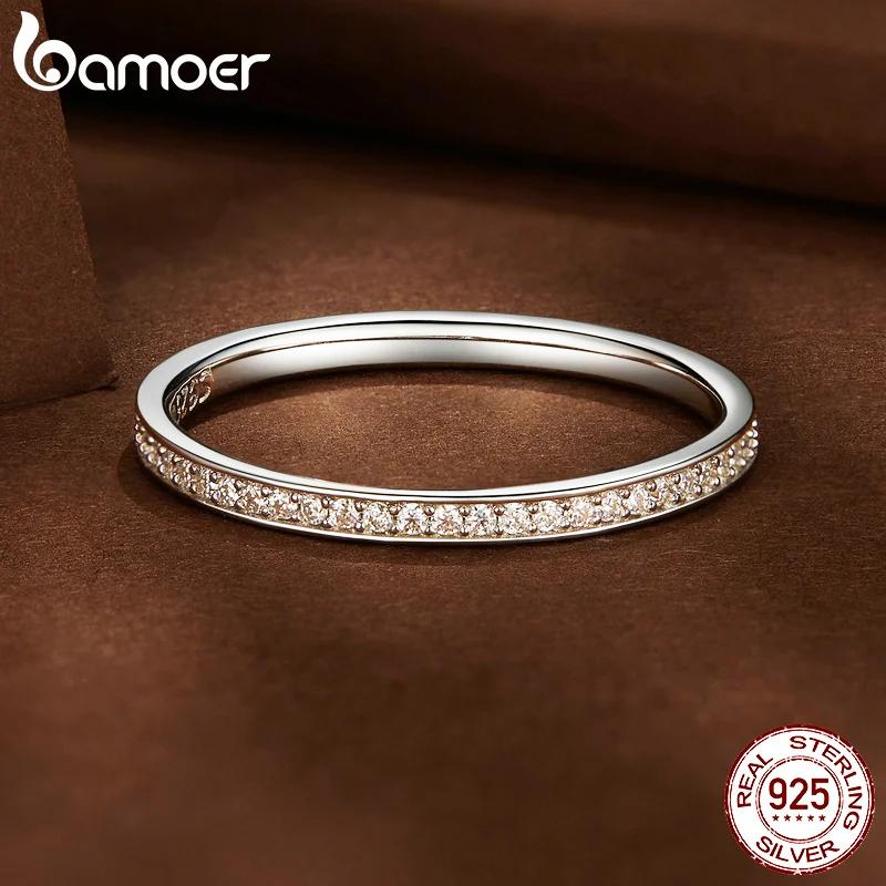 BAMOER Moissanite Wedding Band 925 Silver Eternity Rings Platinum Plated Lab Created Diamond Stackable Ring for Women