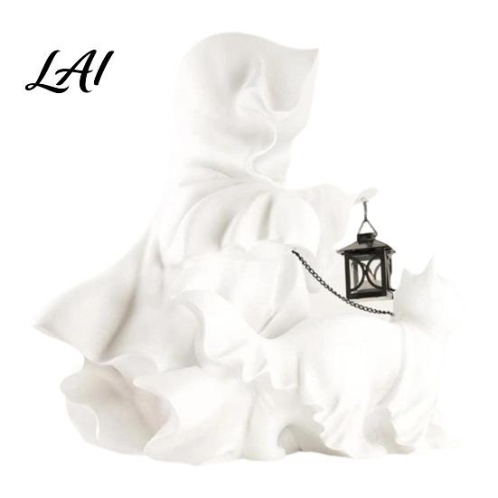 Creative Ghost Cat Figurines Halloween with Lantern & Walking Resin Figurine Elegant Crafts for Yard Display Home Decor Fireplace Mantel Entryway,