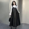 Yamamoto Women's Dark PU Leather Suspender Dress - Shiny, Loose-Fit, Spring/Autumn Fashion.