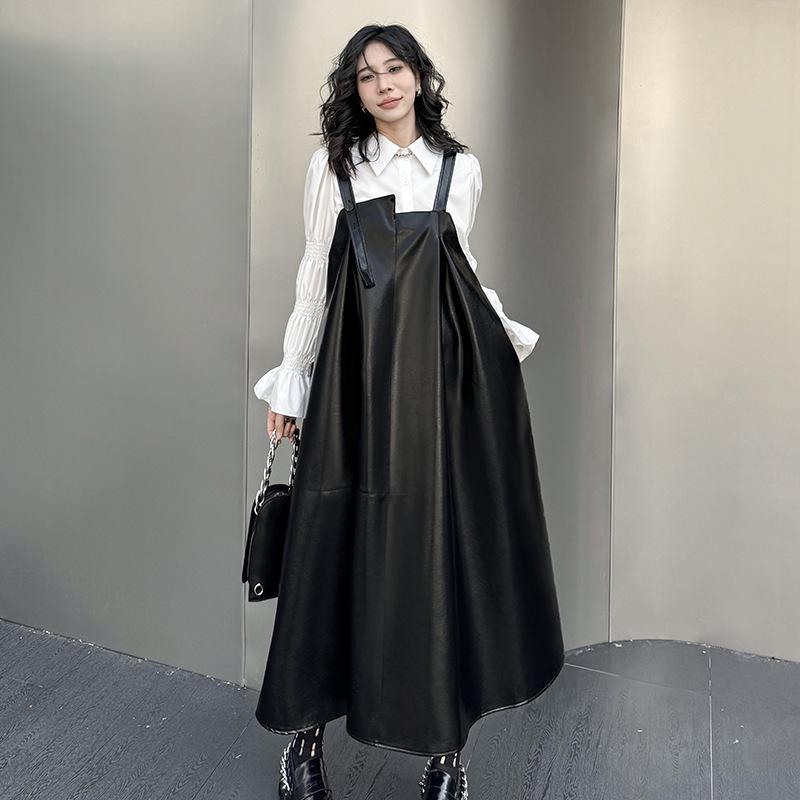 Yamamoto Women's Dark PU Leather Suspender Dress - Shiny, Loose-Fit, Spring/Autumn Fashion.