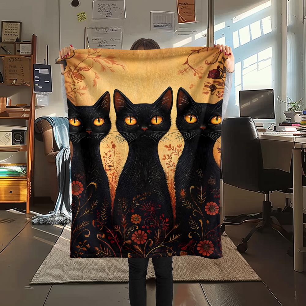 Retro Mysterious Kitten Print Flannel Blanket,High quality Comfortable for All Seasons,Home Decor,Warmth and Comfort,Perfect for Christmas Gifts