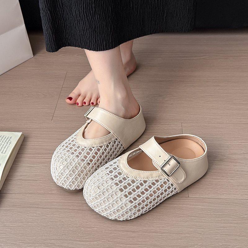 Women's Mesh Sandals Summer Flat Bottom Silver Buckle Round Head Slip-On Mary Jane Single Shoes Breathable Comfort Casual Shoes