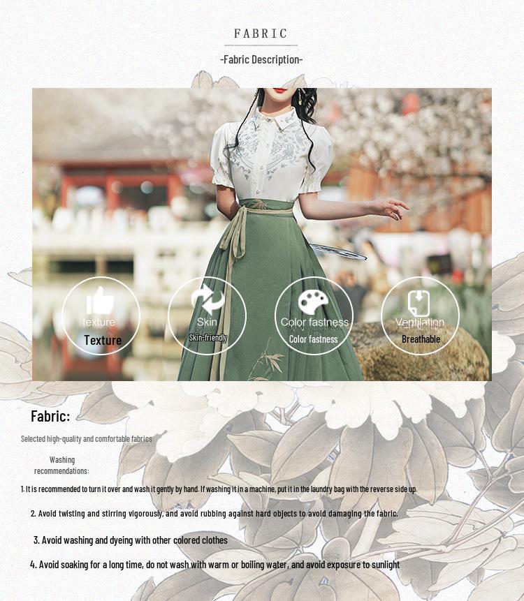 Embroidered Flower Chinese Hanfu Set: Short Sleeve Top & Horse-Face Skirt