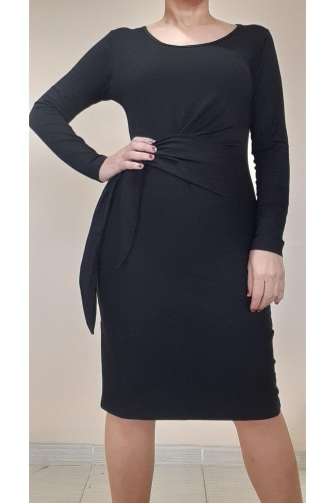 Women's Big Size Dress Side Draped Tie Black Below Knee Combed Viscose Pencil Dress
