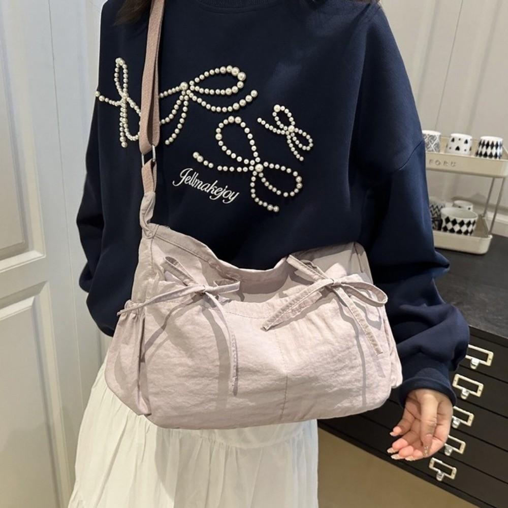 Pleated Bow Crossbody Bag Multiple Pockets Hobo Bag Sweet Nylon Shoulder Bag  Girls