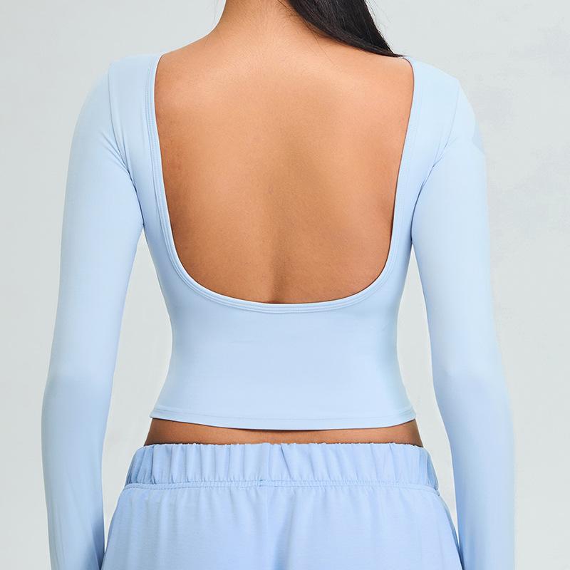 Neuer rückenfreier Yoga-Anzug langärmelig Damen schlankmachend kurz geschnitten eng anliegendes Sporttop schnelltrocknendes Lauf-Fitness-T-Shirt