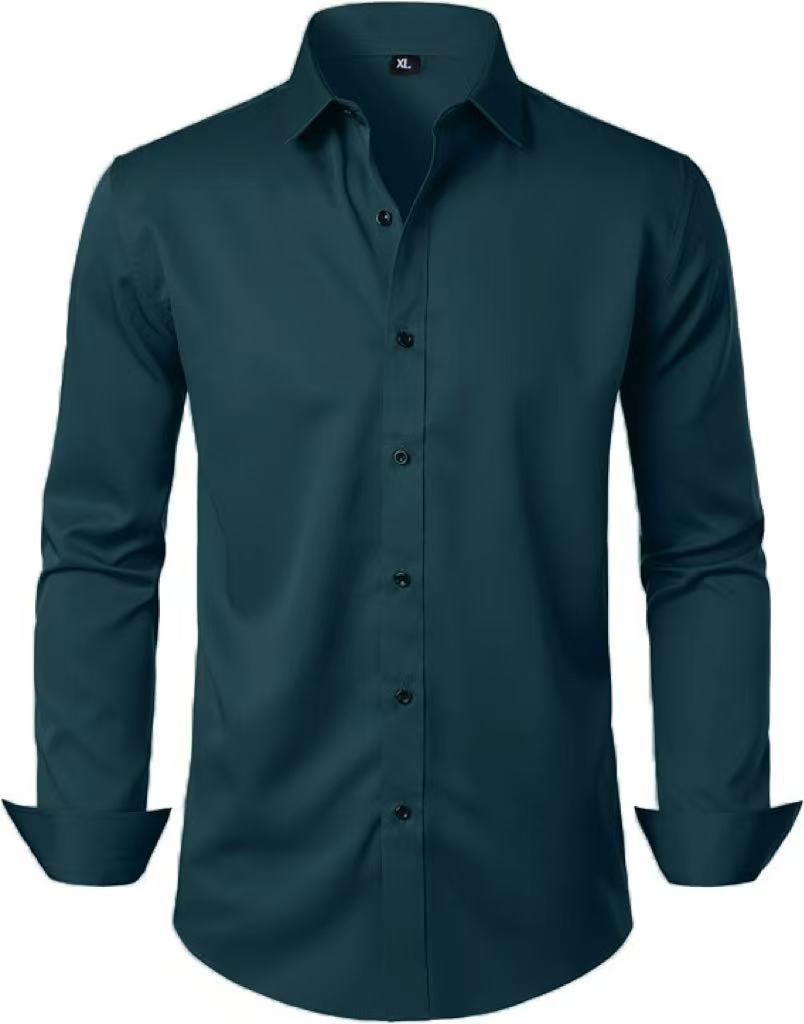 Men's Long Sleeve Solid Color Shirt, 4-Way Stretch, Natural Color Button, Slim Fit, Wrinkle Free, Business Casual Dress Shirt