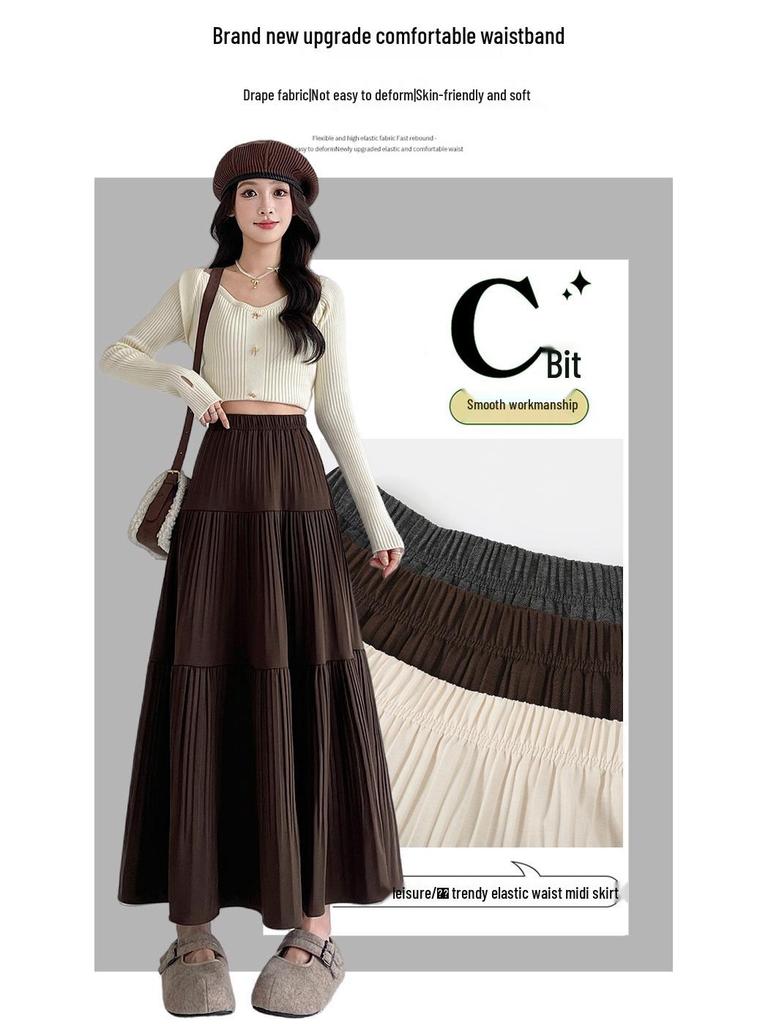 Korean Style Woolen Pleated A-line Skirt: High Waist, Hip-Covering, Draped Half Skirt for Women, Autumn/Winter Fashion.