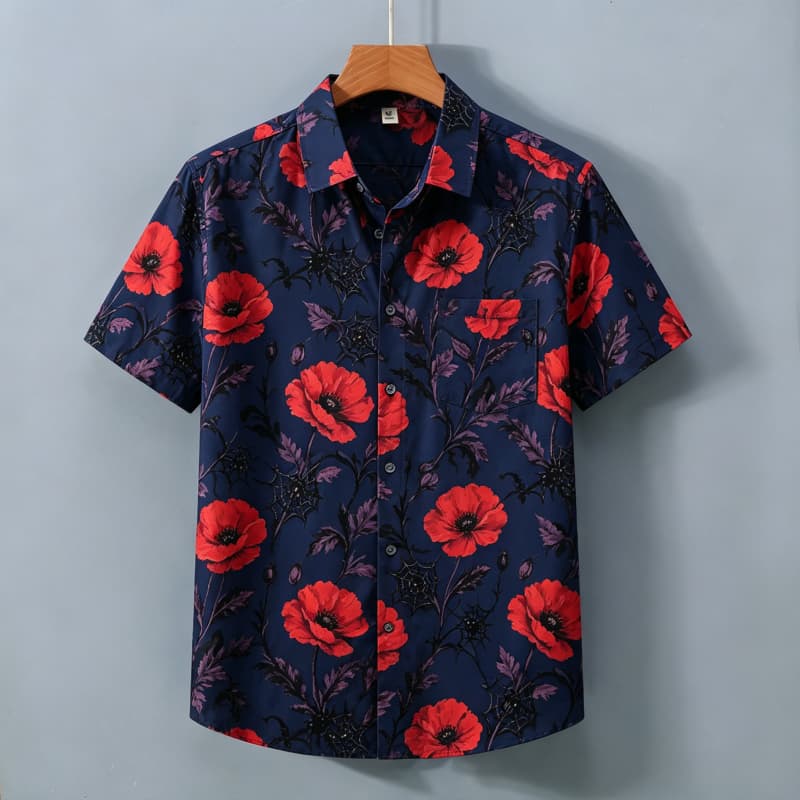 Pánská retro košile s krátkým rukávem a květinovým potiskem a kapsami, Elegantní retro styl, Pro dojíždění, Lehké dovolené, Rande