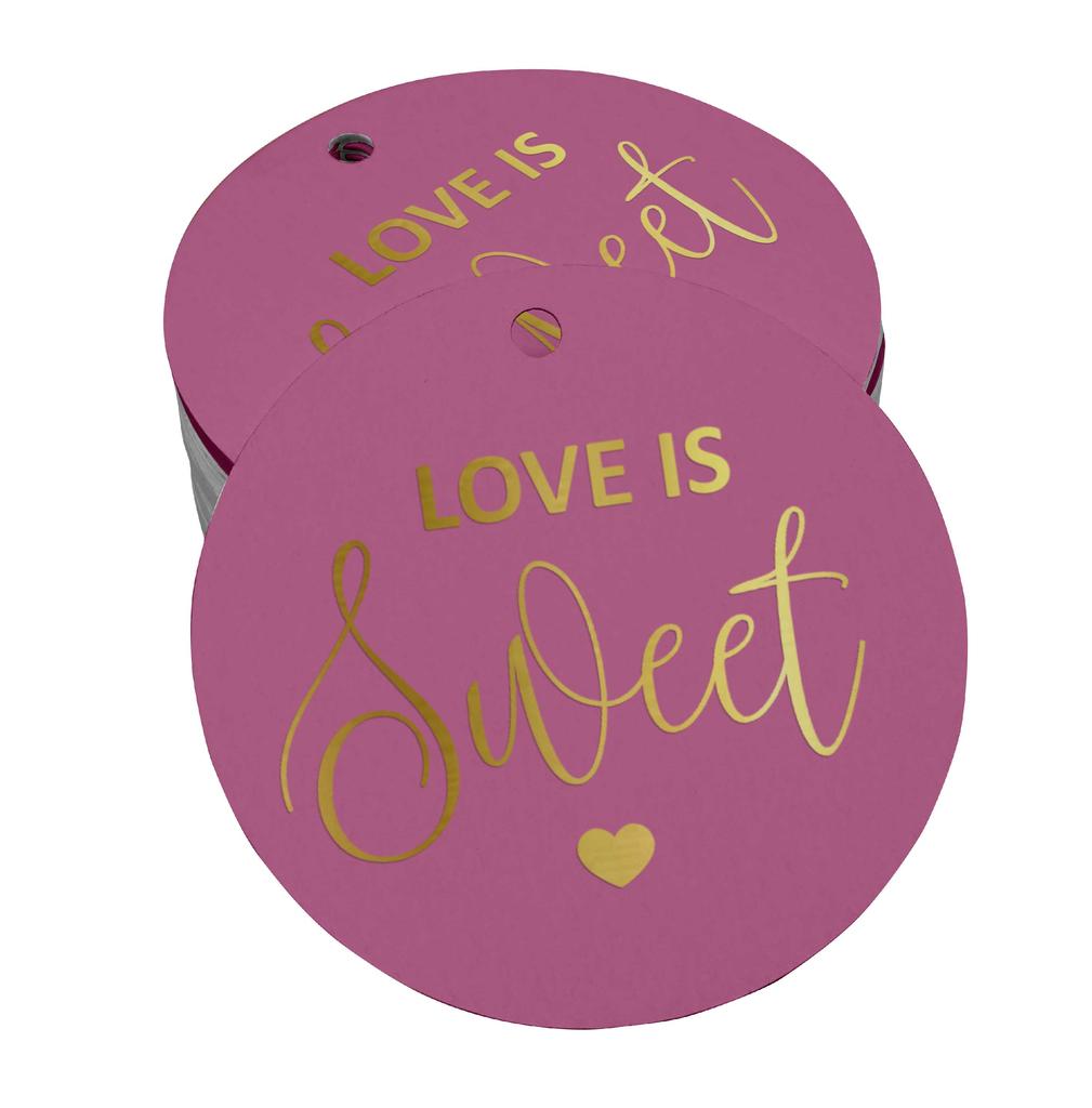 Inkdotpot 100 - Confezione da 100 etichette in carta stagnola color oro vero Love Is Sweet bomboniera da appendere